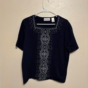 Alfred Dunner Black Beaded Short Sleeve Blouse